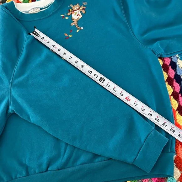 Vintage Y2K Cat Embroidered Patchwork Morning Sun Teal Double Collar Ove… - Picture 7 of 11